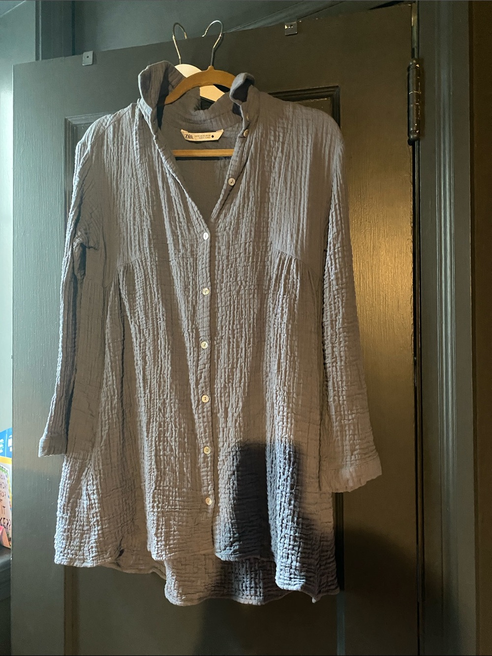 Zara Slate Crinkle Button-Down Tunic